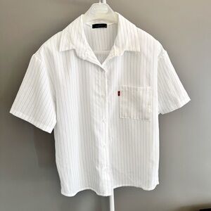 Vintage White & Black Stripped Minimalist Casual Long Sleeves Button Down Shirt.